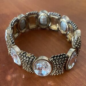 Vintage Gold Toned Beaded Bracelet with large oval clear rhinestone